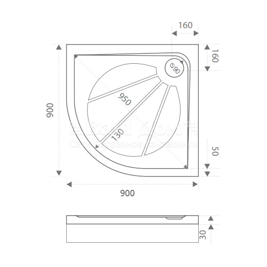 Душевой поддон Good Door Эклипс 90x90, литьевой, четверть круга