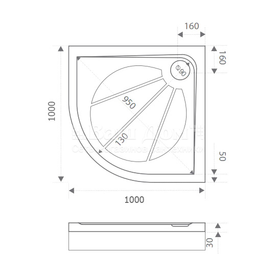 Душевой поддон Good Door Эклипс 100x100, литьевой, четверть круга