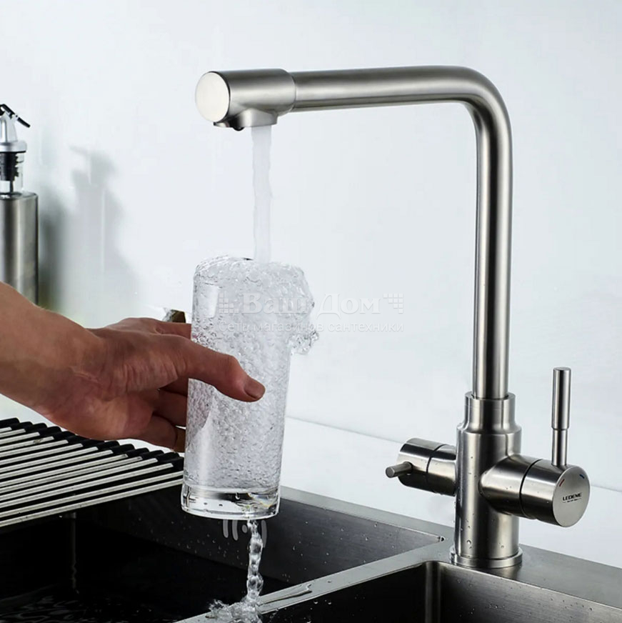Смеситель для кухни Ledeme L4355-3 с доп. выходом для фильтра питьевой воды, нержавейка 2 фото