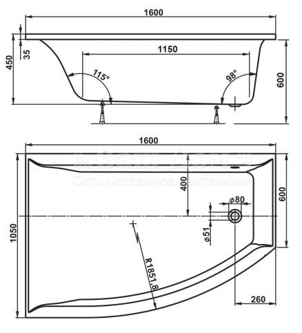 Ванна акриловая Vagnerplast Veronela 160x105 см, асимметричная L