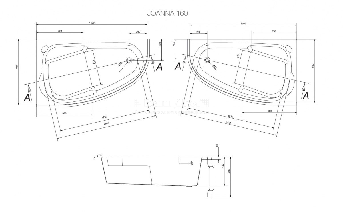 Ванна акриловая Cersanit Joanna 160x95 см, правая 9 фото