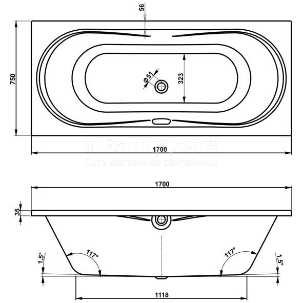 Ванна акриловая Vagnerplast Briana 170x75 см, прямоугольная