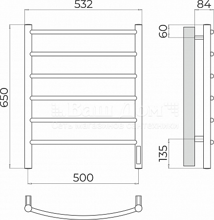Полотенцесушитель электрический Terminus Классик П6 500х650, 95 Вт, чёрный 9005